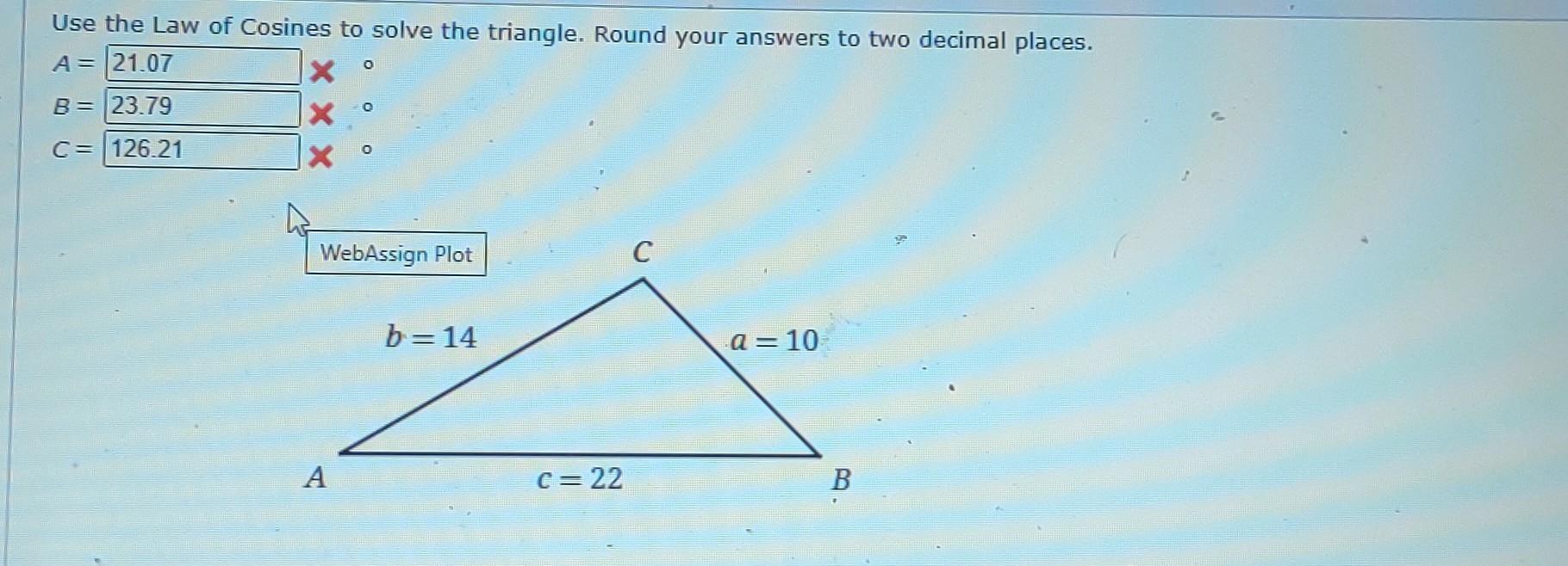 Solved Use the Law of Cosines to solve the triangle. Round | Chegg.com