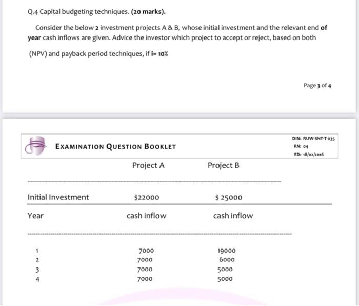 Solved Q.4 Capital Budgeting Techniques. (20 Marks). | Chegg.com