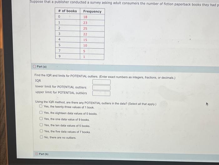 Find the IQR and limits for POTENTIAL outliers. (Enter exact numbers as integers, fractions, or decimals.) IQR
lower limit fo