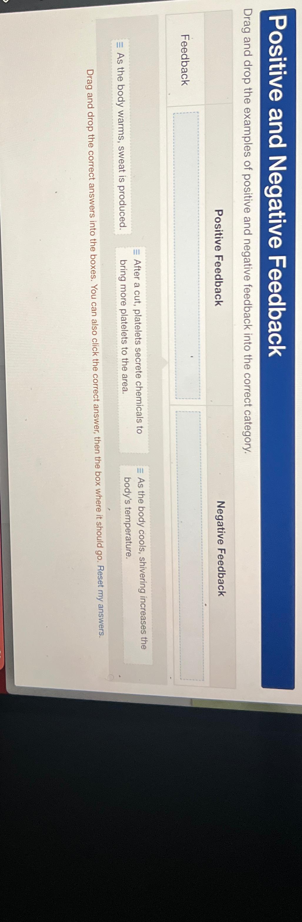 Solved Positive and Negative FeedbackDrag and drop the | Chegg.com