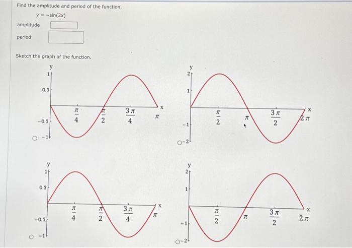 Find the amplitude and period of the function.
\[
y=-\sin (2 x)
\]
amplitude
period
Sketch the graph of the function.