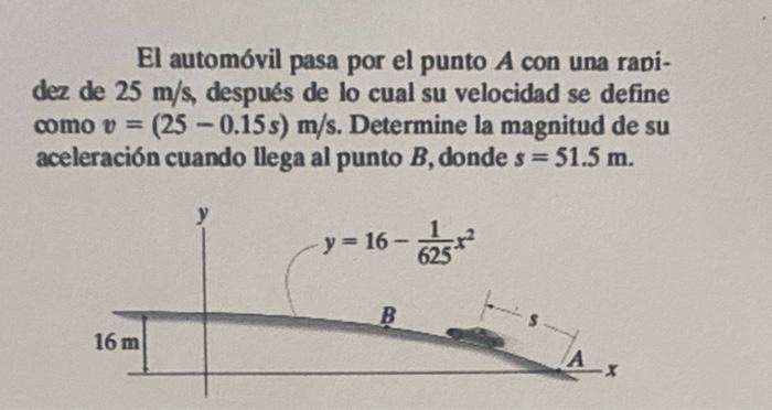 El automóvil pasa por el punto A con una rapi- dez de 25 m/s, después de lo cual su velocidad se define como v = (25 -0.15s)