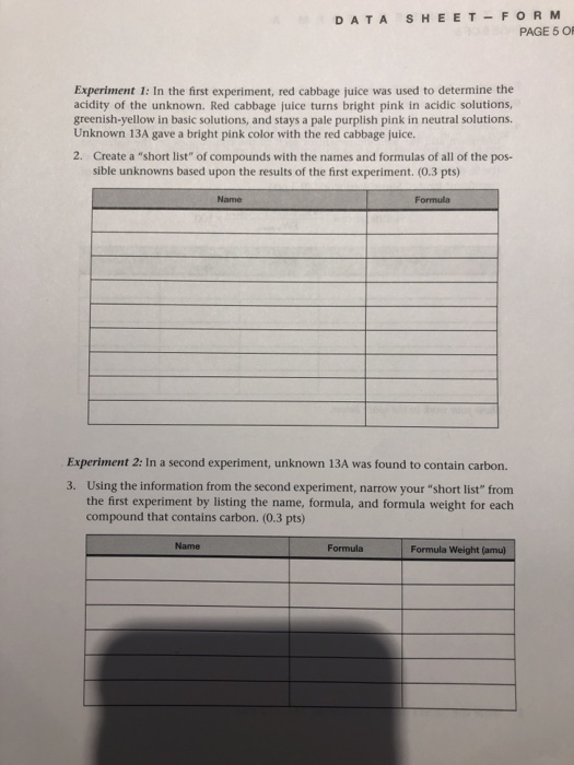 Solved DATA SHEET - FORMA PAGE 1 OF 8 7 Nome EXPERIMENT | Chegg.com