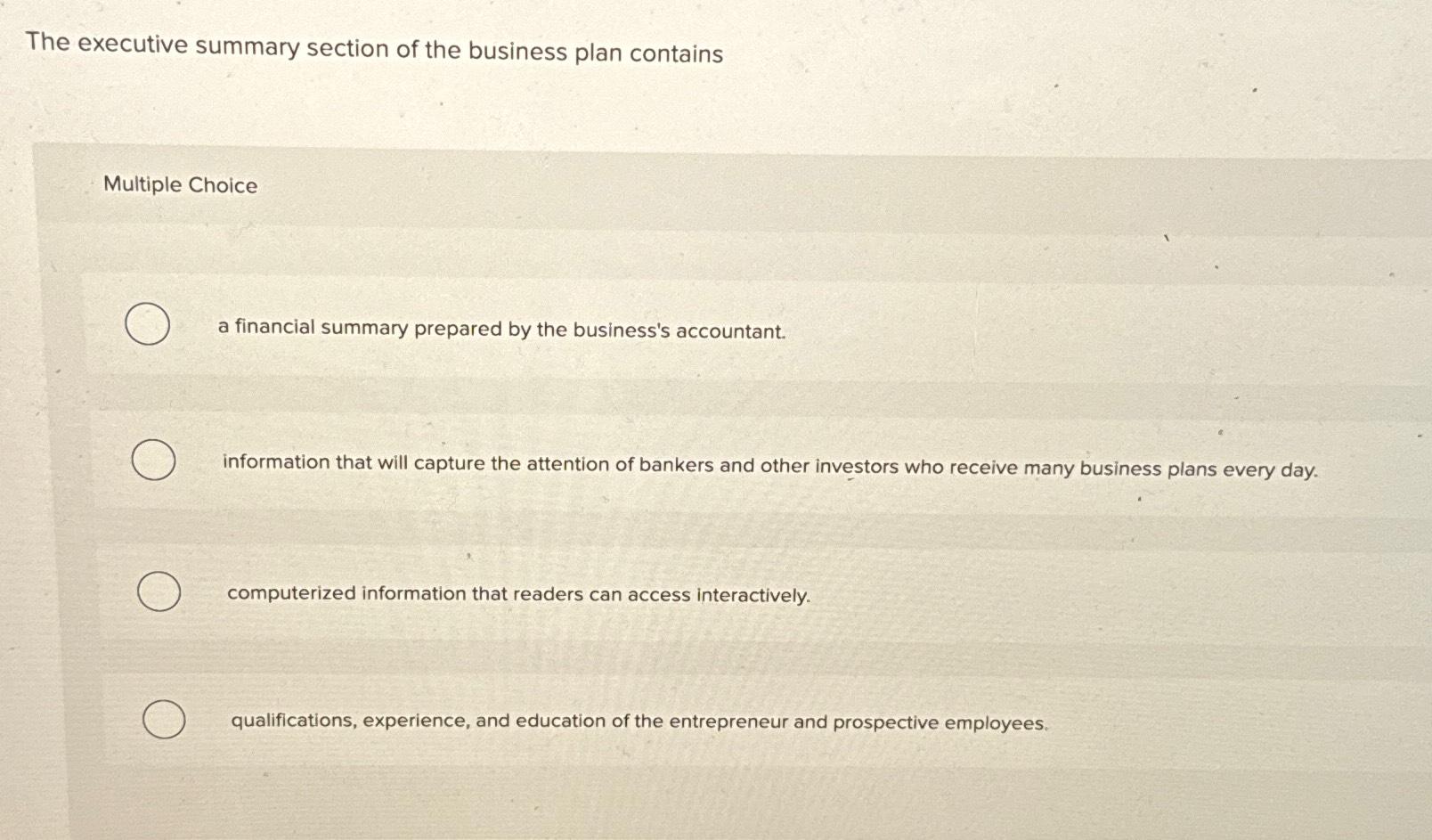 the executive summary section of a business plan quizlet