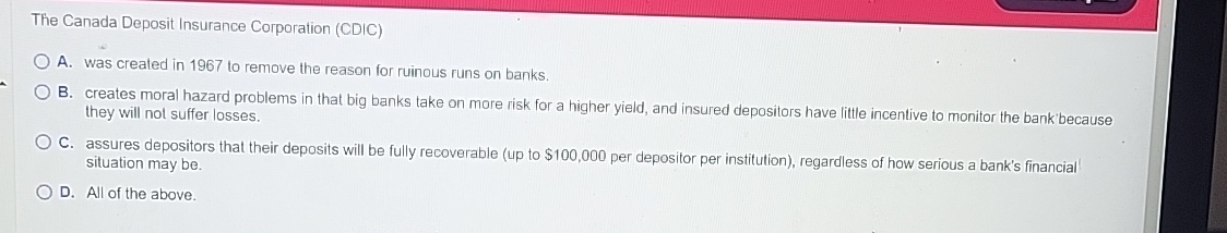 Solved The Canada Deposit Insurance Corporation (CDIC)A. | Chegg.com
