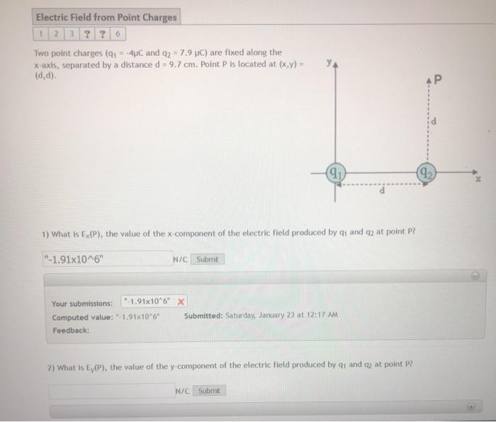 Solved Electric Field from Point Charges Two point charges | Chegg.com