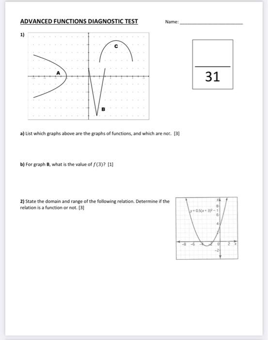 Solved ADVANCED FUNCTIONS DIAGNOSTIC TEST Name: 1) 31 a) | Chegg.com