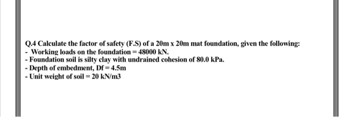 Solved Q.4 Calculate the factor of safety (F.S) of a 20m x | Chegg.com