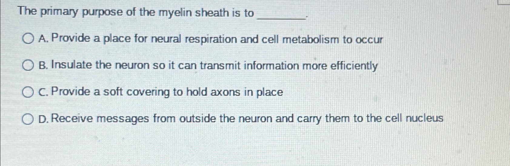 Solved The primary purpose of the myelin sheath is toA. | Chegg.com