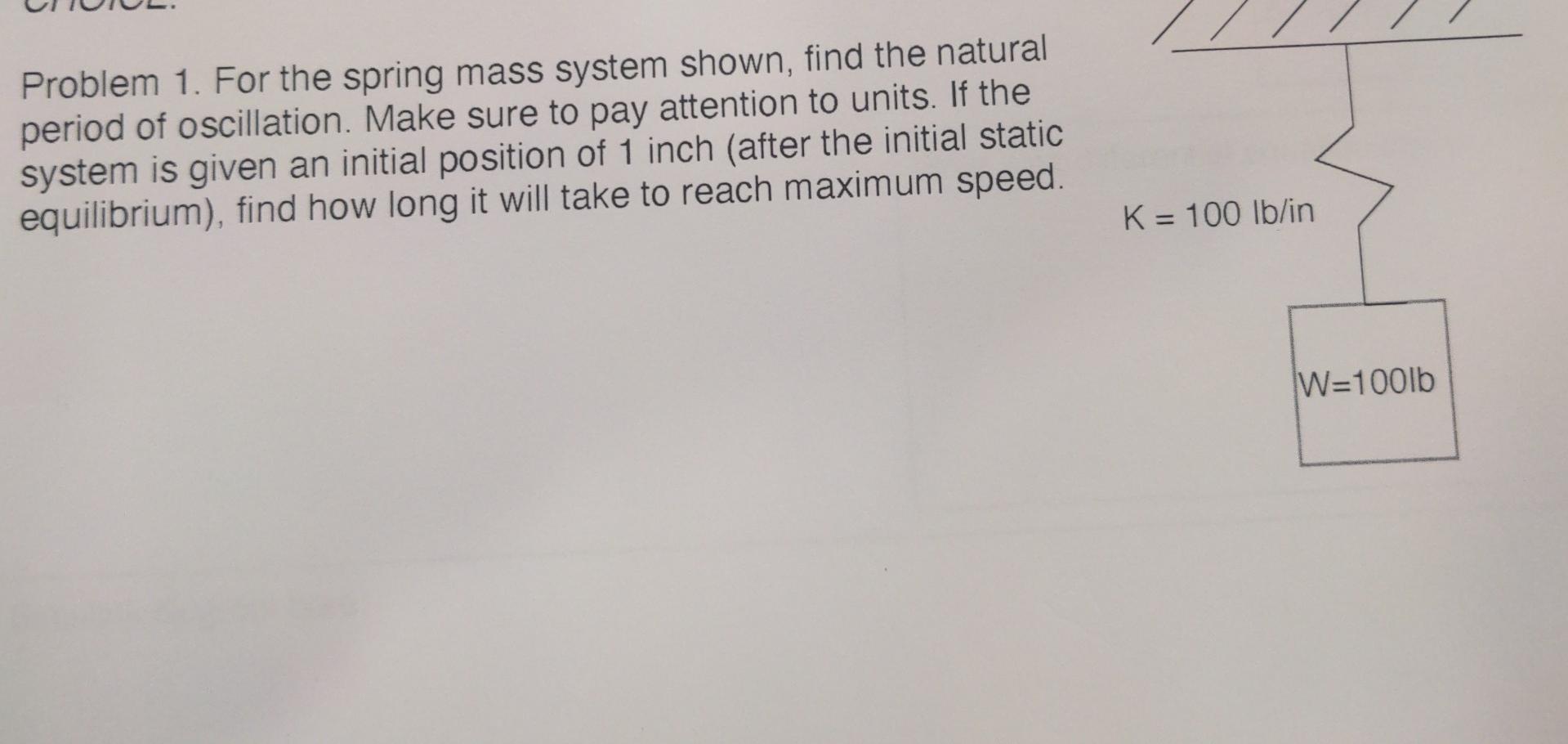 Solved Problem 1. For The Spring Mass System Shown, Find The | Chegg.com