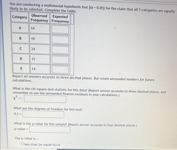 You are conducting a multinomial hypothesis test \( (\alpha=0.05) \) for the claim that all 5 categories are equally likely t