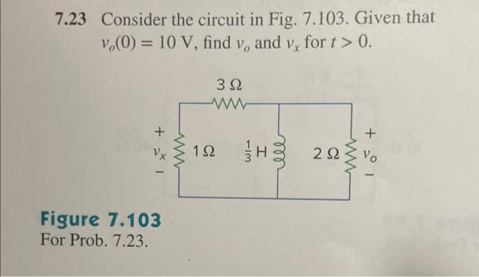 7.23 Consider the circuit in Fig. 7.103. Given that \( v_{o}(0)=10 \mathrm{~V} \), find \( v_{o} \) and \( v_{x} \) for \( t>