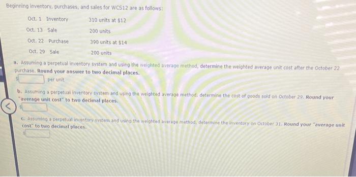 Beginning inventory, purchases, and sales for WCS 12 | Chegg.com