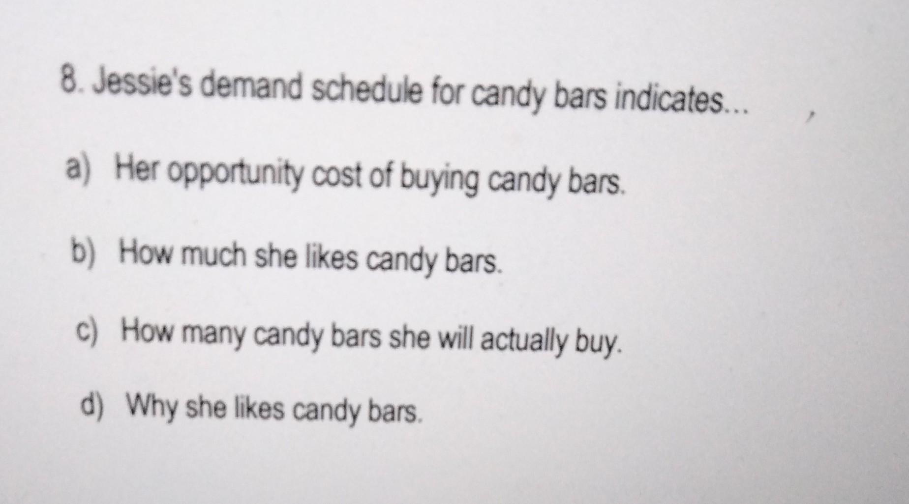 Solved 8. Jessie's demand schedule for candy bars