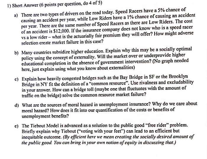 Solved 1) Short Answer (6 points per question, do 4 of 5) a) | Chegg.com