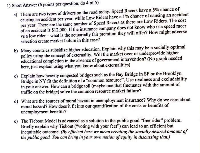 Solved 1) Short Answer (6 points per question, do 4 of 5) a) | Chegg.com