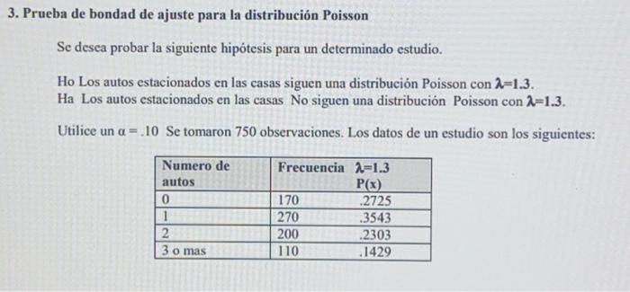 Prueba de bondad de ajuste para la distribución Poisson Se desea probar la siguiente hipótesis para un determinado estudio. H