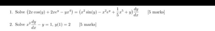 \( \left(2 x \cos (y)+2 x e^{y}-y x^{4}\right)=\left(x^{2} \sin (y)-x^{2} e^{y}+\frac{1}{5} x^{5}+y\right) \frac{d y}{d x} \)