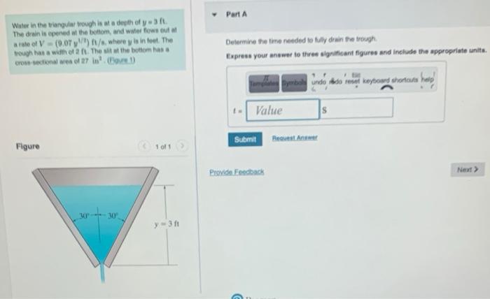 Solved Water in the tiangular trough is at a degth of y=3ft. | Chegg.com