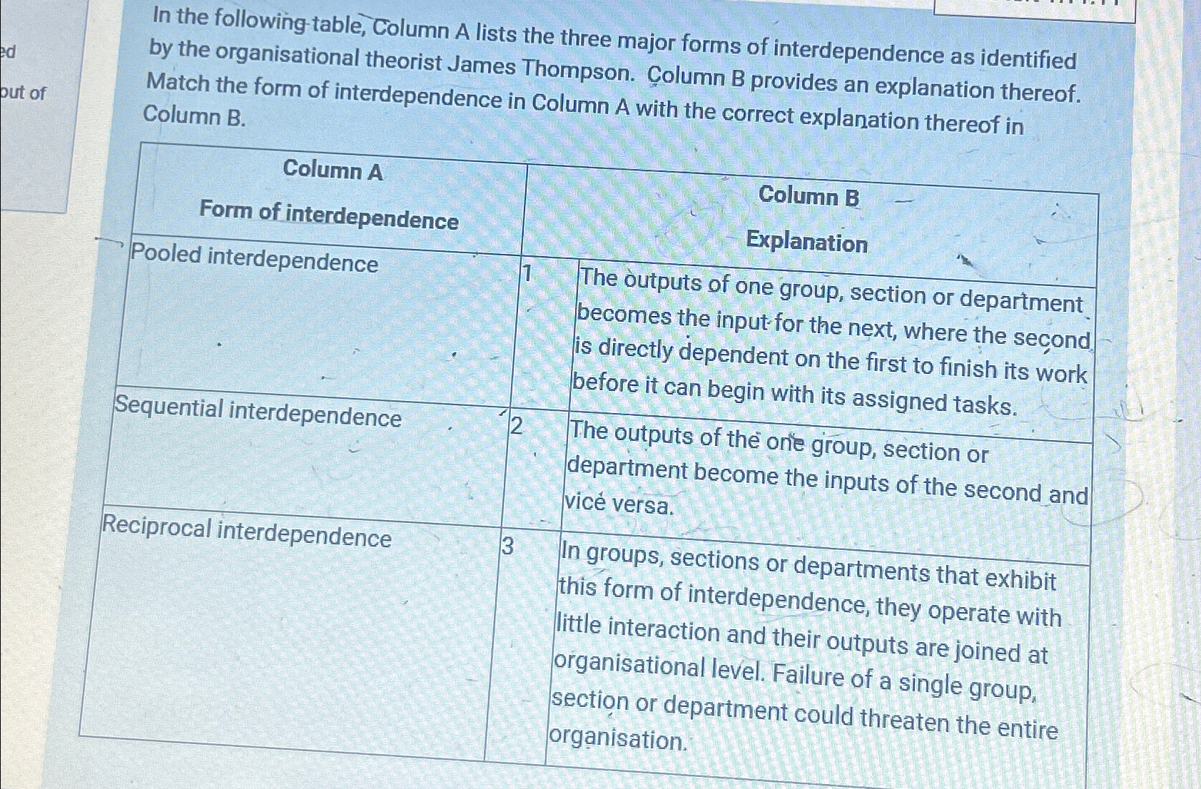 Solved In the following table, Column A lists the three | Chegg.com