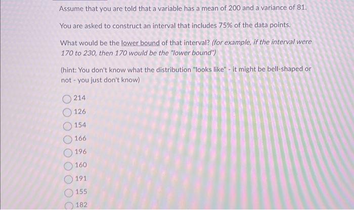 Solved Assume that you are told that a variable has a mean | Chegg.com