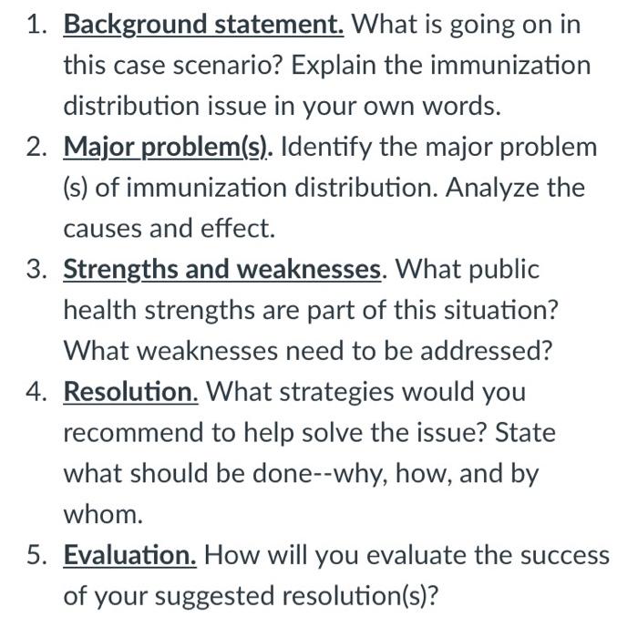 1. Background statement. What is going on in this case scenario? Explain the immunization distribution issue in your own word