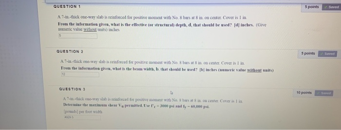 Solved Question 1 5 Points Saved A 7 In Thick One Way Slabis