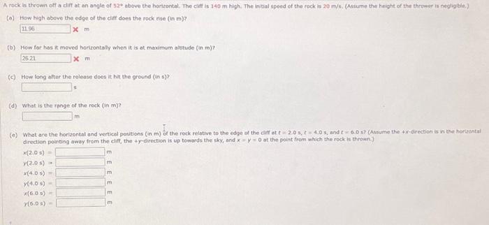 Solved A rock is thrown off a diff at an angle of 52∘ atove | Chegg.com