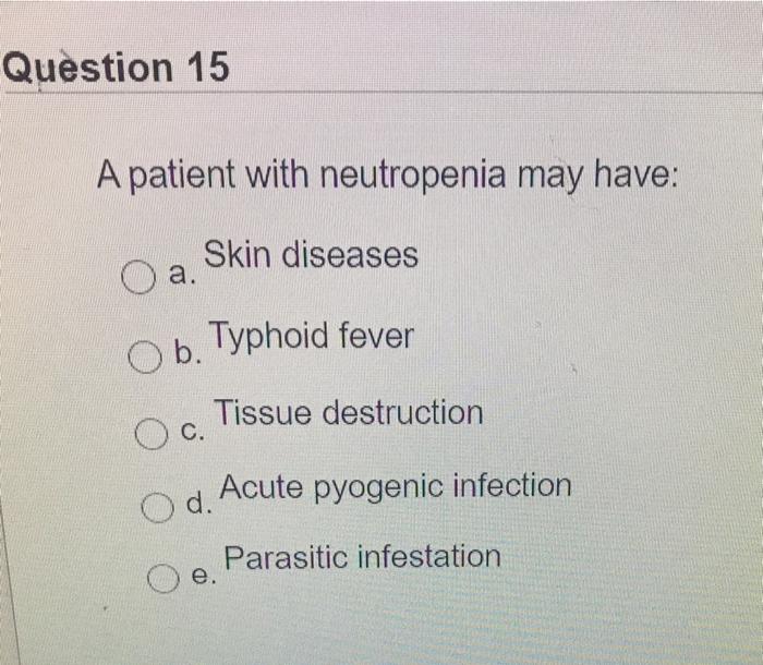 Solved Question 15 A patient with neutropenia may have: Skin | Chegg.com