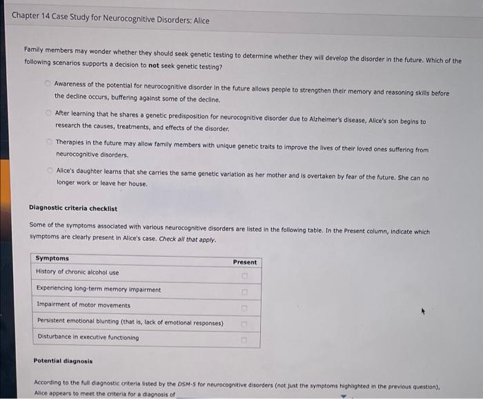 chapter 14 case study for neurocognitive disorders alice