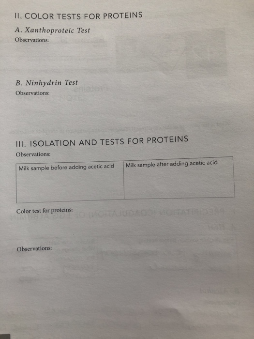 Solved II. COLOR TESTS FOR PROTEINS A. Xanthoproteic Test