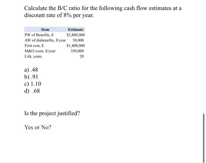 Solved Calculate The B/C Ratio For The Following Cash Flow | Chegg.com