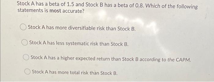 Solved Stock A Has A Beta Of 1.5 And Stock B Has A Beta Of | Chegg.com