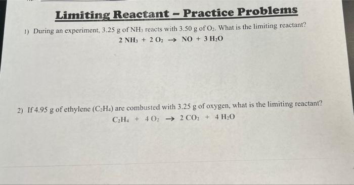 Solved Limiting Reactant Practice Problems 1 During an Chegg