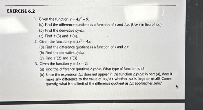 Solved 1. Given the function y=4x2+9 : (a) Find the | Chegg.com