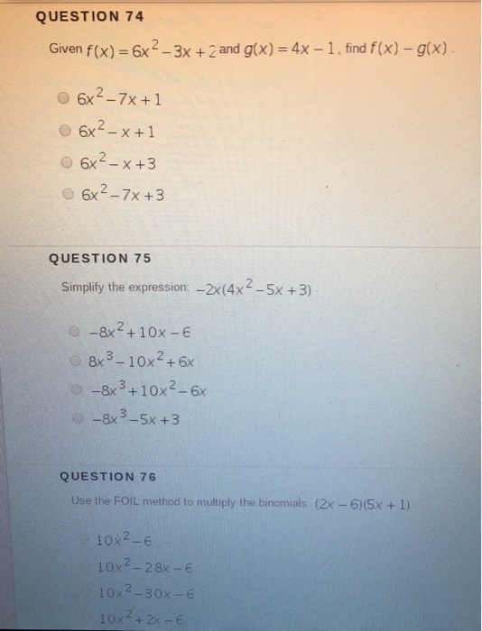 Question 74 Given F X 6x2 3x 2 And G X 4x Chegg 