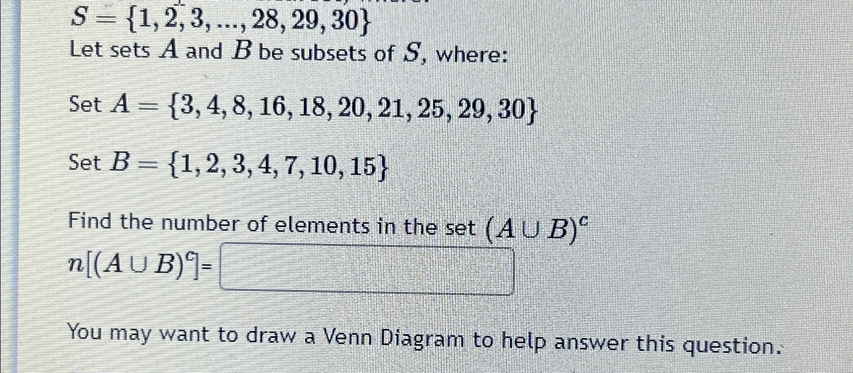 Solved S={1,2,3,dots,28,29,30}Let sets A and B ﻿be subsets | Chegg.com