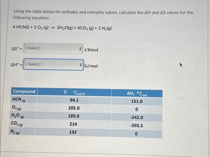 Solved Using the table below for enthalpy and entrophy | Chegg.com