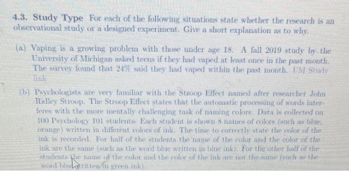 Solved 4.3. Study Type For Each Of The Following Situations | Chegg.com