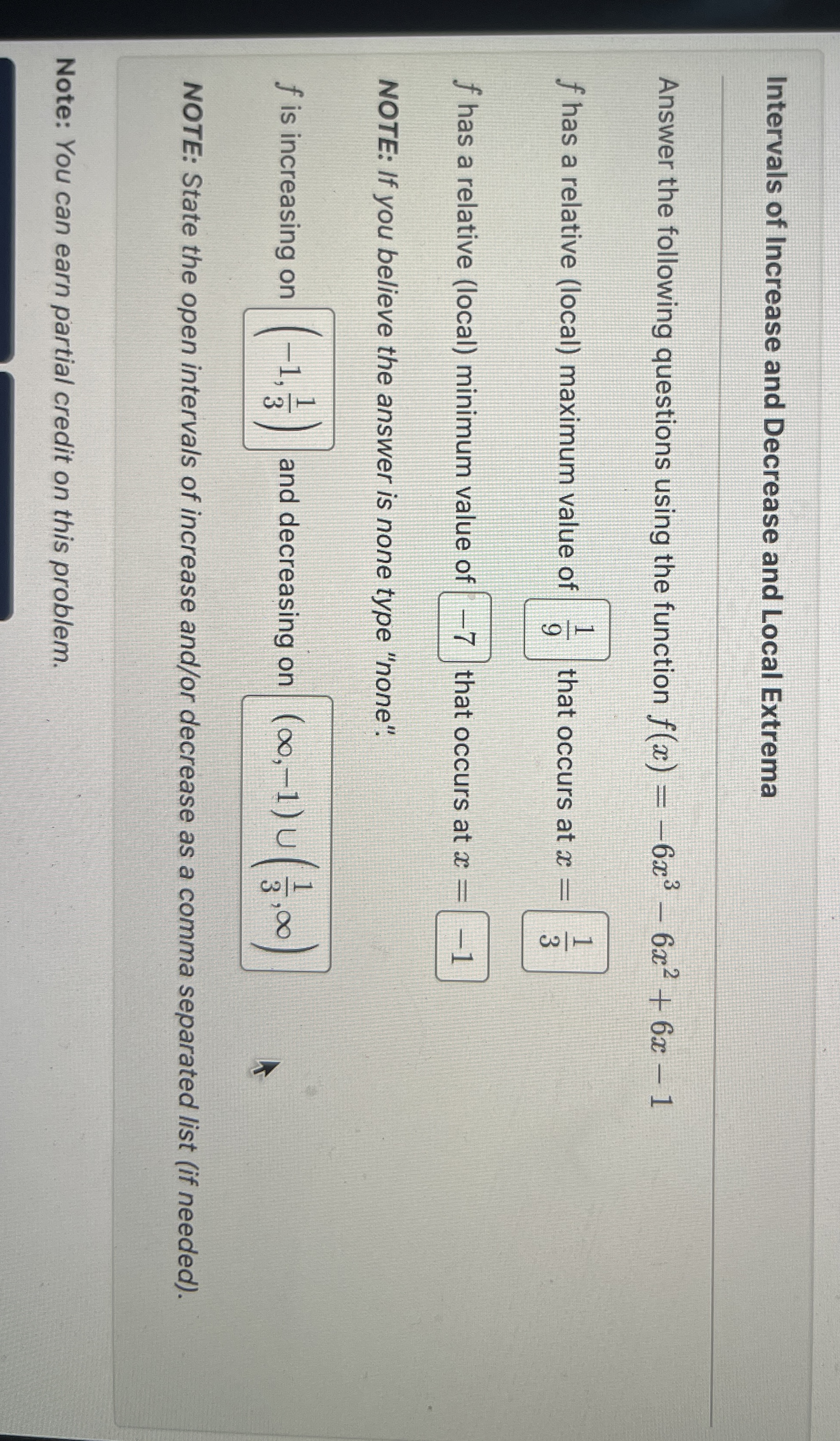 Solved Intervals of Increase and Decrease and Local | Chegg.com