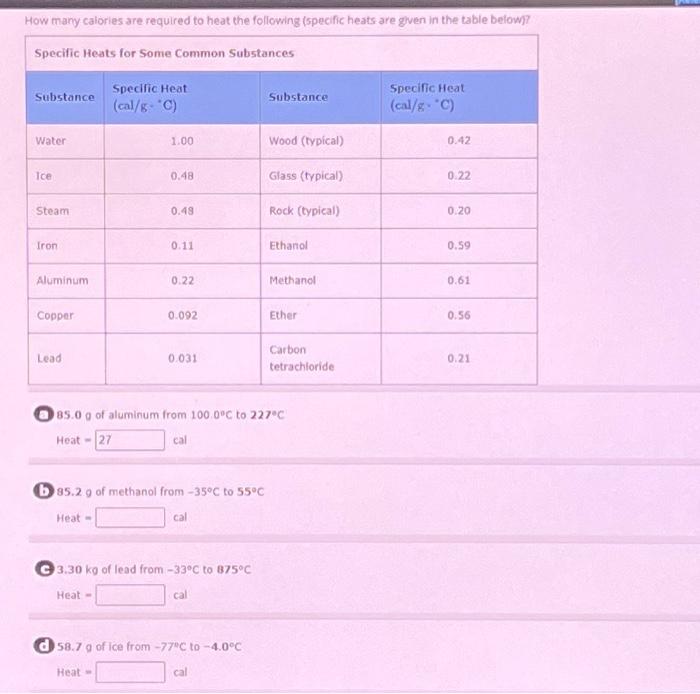 Solved How many calories are required to heat the following