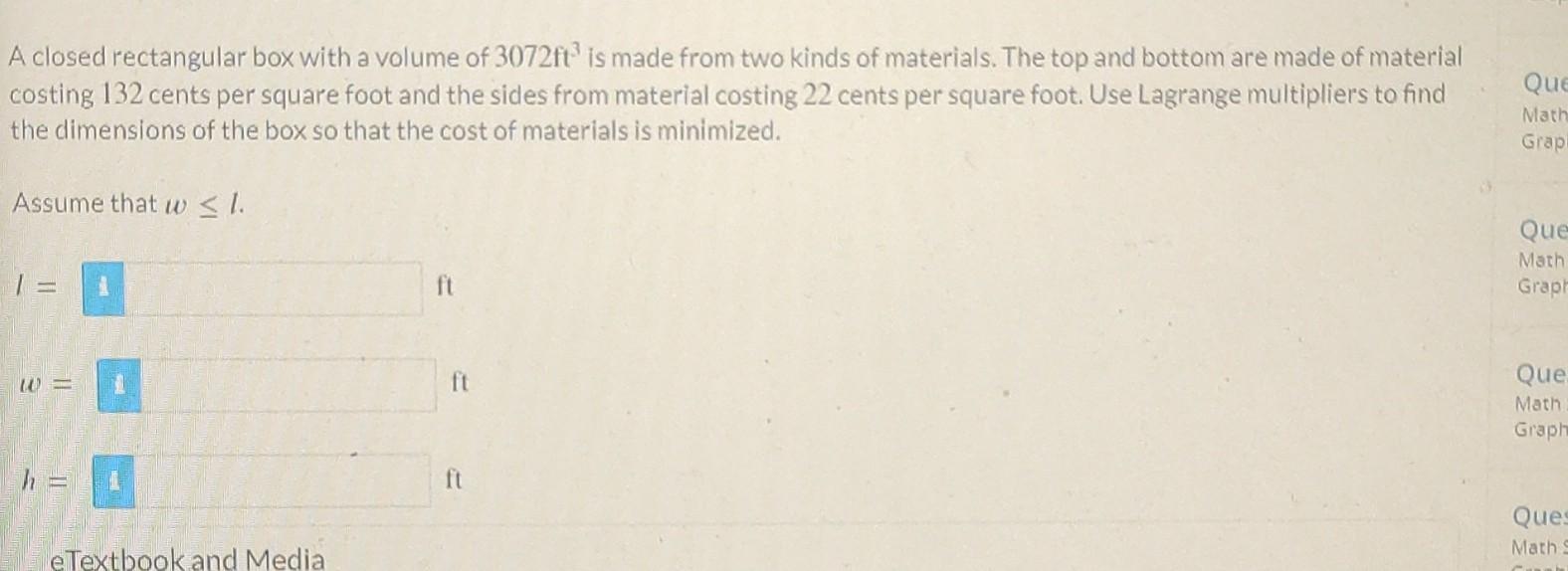 Solved A closed rectangular box with a volume of 3072ft3 is | Chegg.com