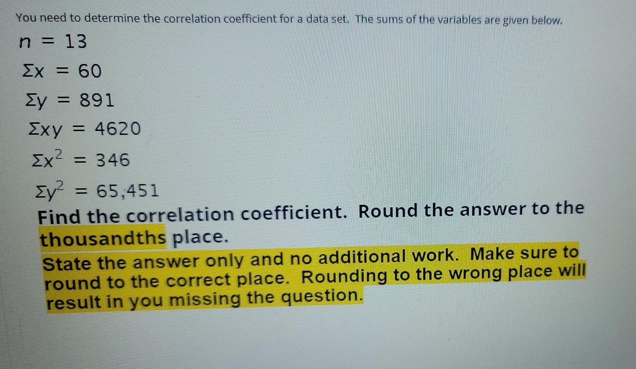 Solved you need to determine the correlation coefficient for | Chegg.com