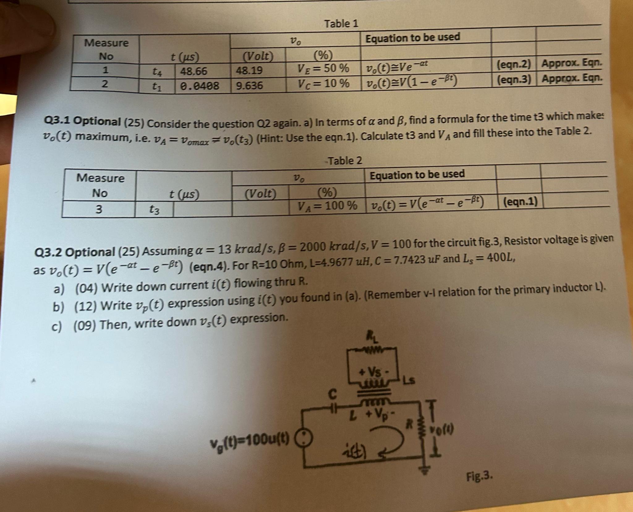 Solved Table 1\table[[,t(μs),(Volt),(%),Equation to be | Chegg.com
