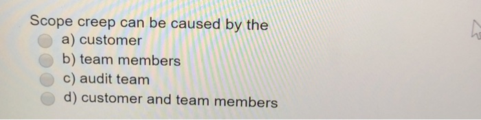 Solved Scope creep can be caused by the a) customer b) team | Chegg.com