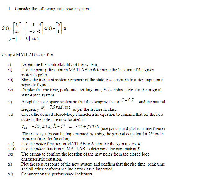 Solved Consider The Following State-space | Chegg.com