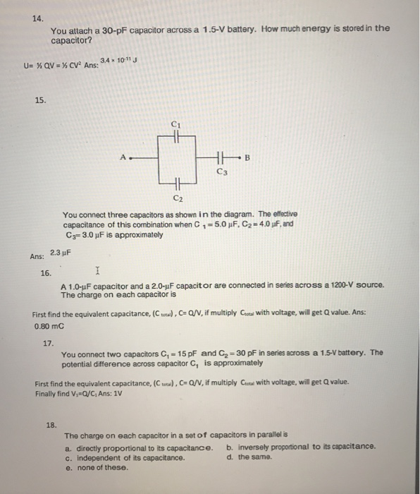 Solved 14. You attach a 30-pF capacitor across a 1.5-V | Chegg.com