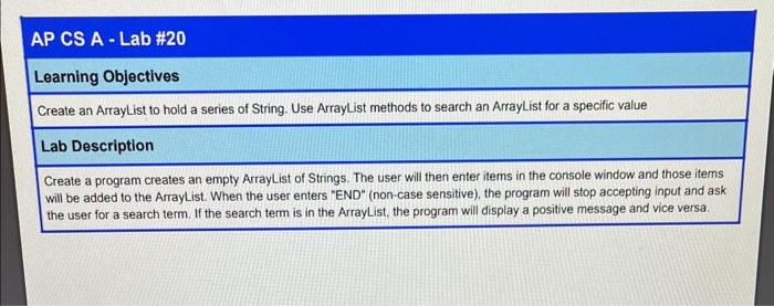 Solved AP CS A - Lab \#20 Learning Objectives Create an | Chegg.com