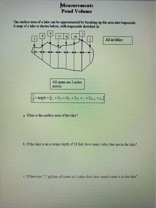 Solved Measurements Pond Volume The surface area of a lake | Chegg.com