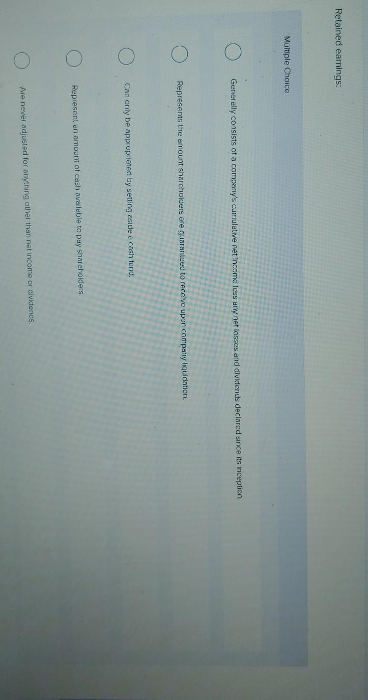 Solved Retained earnings Multiple Choice Generally consists